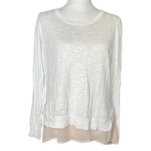 Pointelle Chiffon Layered Sweater M Twofer Slub Knit White Nude Beige Pullover